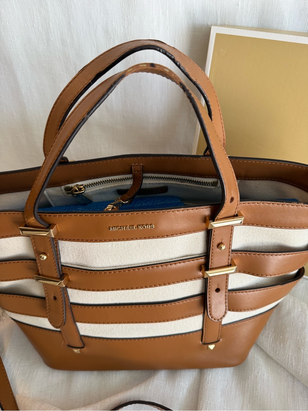 Michael Kors Brown and Cream Striped Leather Tote - Picture 2 of 4